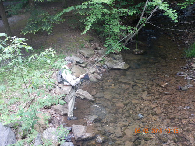 DSCN1397.jpg -             Ed wanted to go back to a hole where he lost a fish last week.  He was hunting stockers, I suspect.  Then he got one on.                