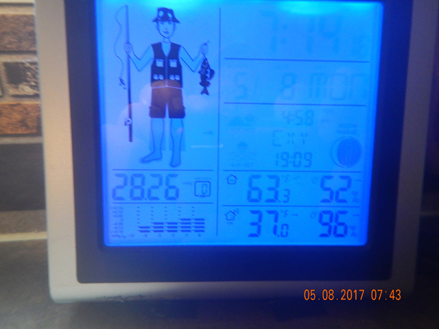DSCN1964.jpg -               Pic of my weather display in the RV.  Outside temp in the morning was 36 degrees with 96% humidity.  Kinda sucks for dry fly fishing.                 